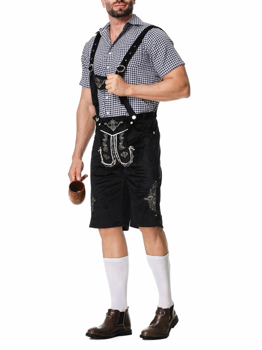 Elegant men's leather pants set with intricately embroidered trousers, stylish braces, and a classic plaid shirt – the perfect outfit for festive occasions