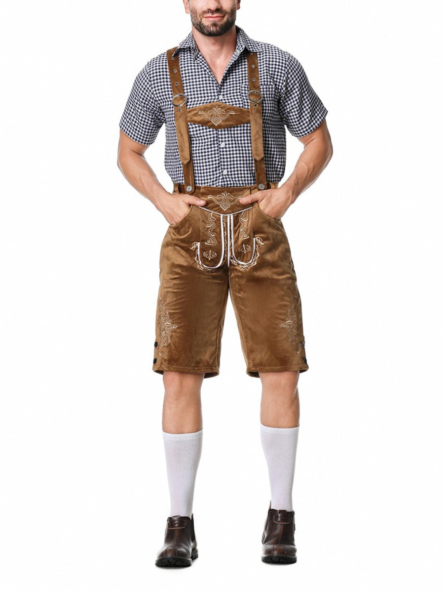 Elegant men's leather pants set with intricately embroidered trousers, stylish braces, and a classic plaid shirt – the perfect outfit for festive occasions