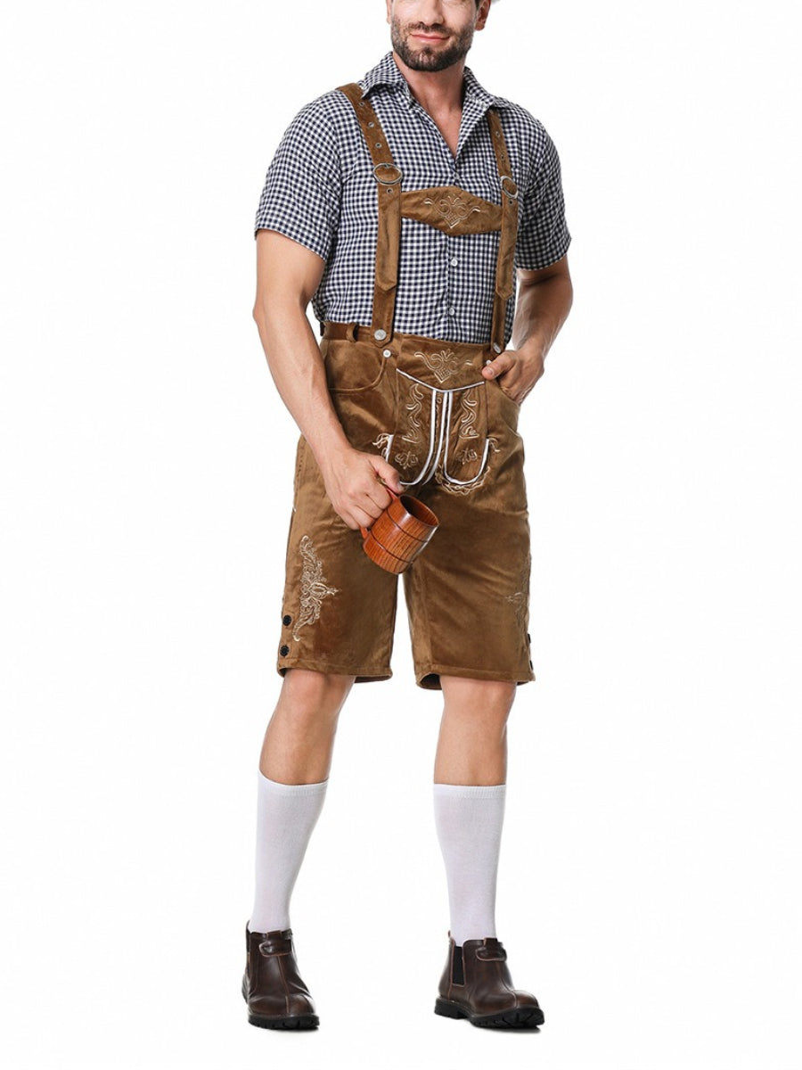 Elegant men's leather pants set with intricately embroidered trousers, stylish braces, and a classic plaid shirt – the perfect outfit for festive occasions
