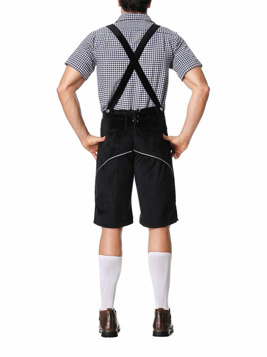 Elegant men's leather pants set with intricately embroidered trousers, stylish braces, and a classic plaid shirt – the perfect outfit for festive occasions