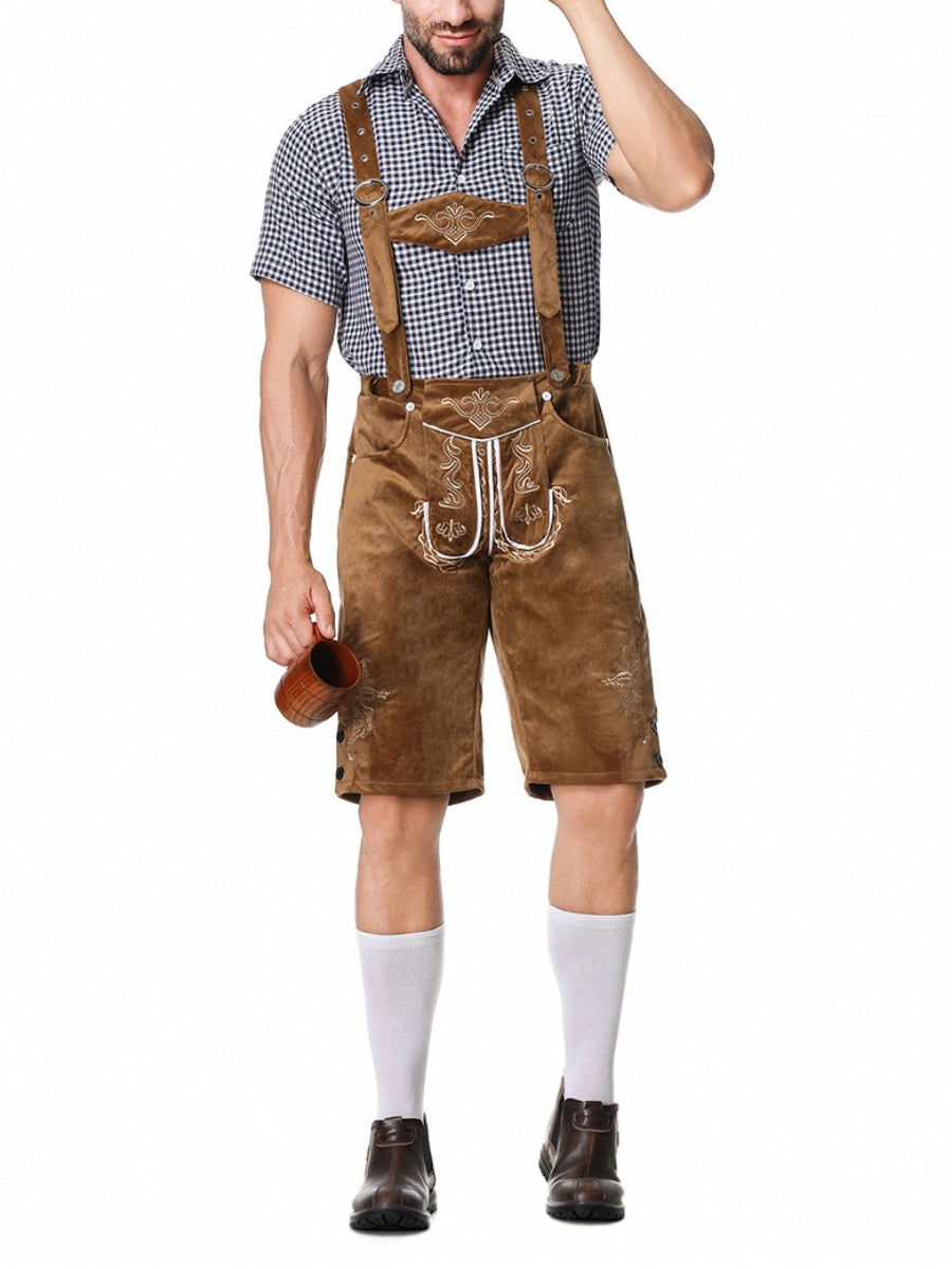 Elegant men's leather pants set with intricately embroidered trousers, stylish braces, and a classic plaid shirt – the perfect outfit for festive occasions