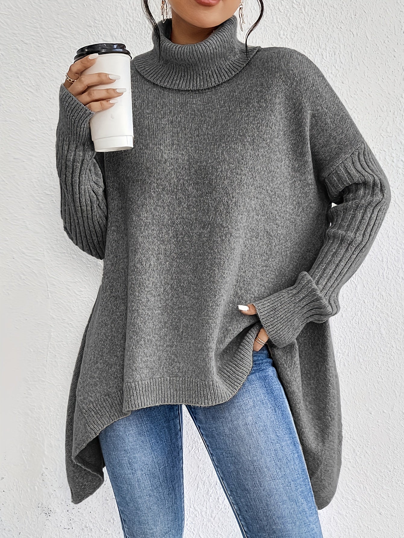 Women High Neck Sweater Asymmetrical Hem Long Sleeve