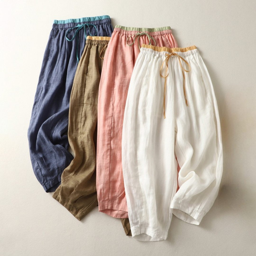 Women Linen Pants with Adjustable Elastic Waistband