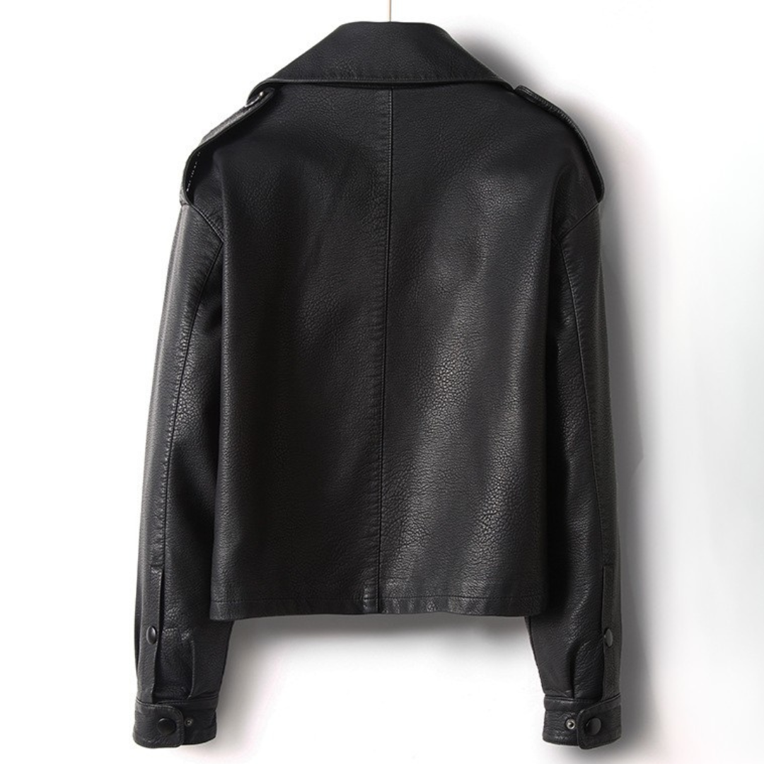 Women's Cropped Leather Jacket with Snap-Pocket and Statement Collar