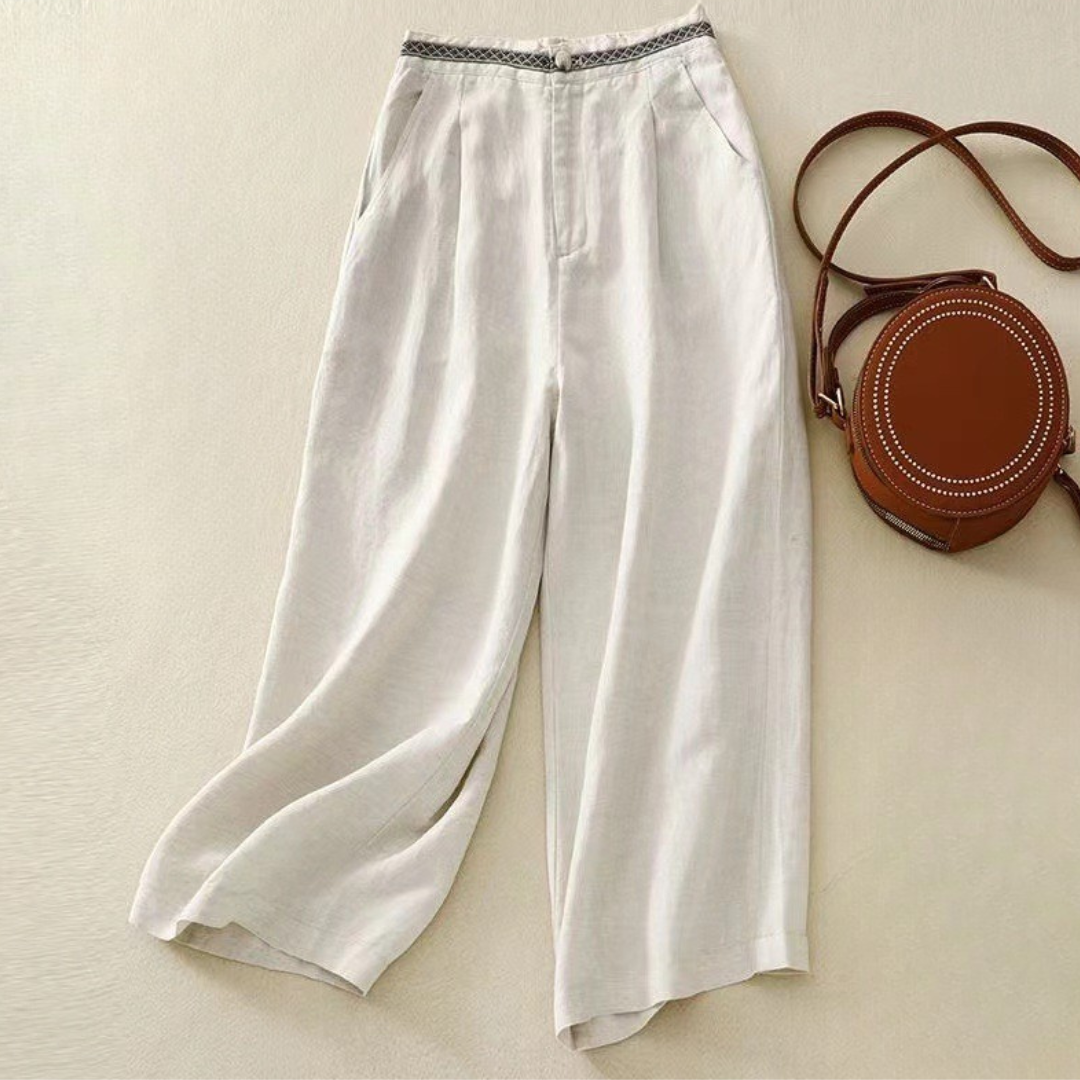 Women Linen Wide-Leg Pants with Relaxed Waistband