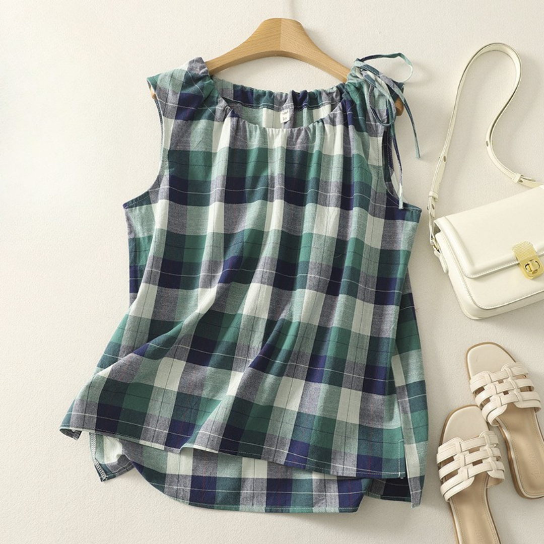 Women's Summer Sleeveless Shirt in Soft Plaid with Flowy Relaxed Fit
