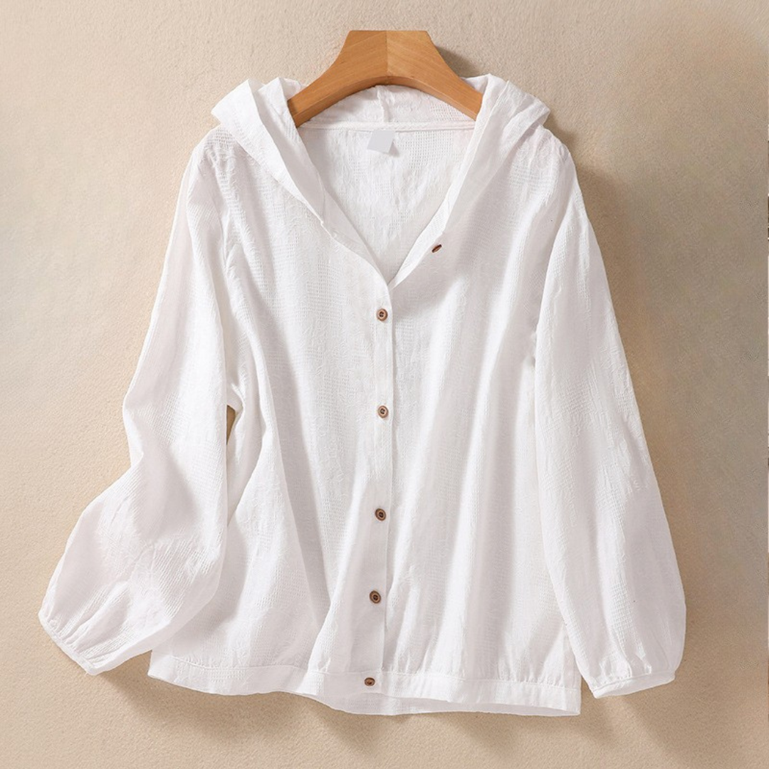 Women's Linen Hoodie with Button Front and Relaxed Fit