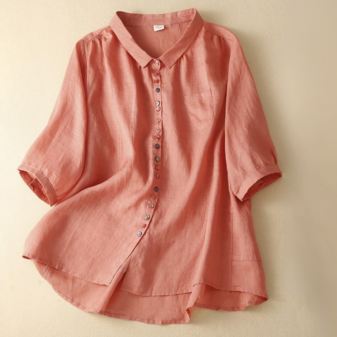 Women's Linen Blouse with Flowery Hem and Relaxed Fit
