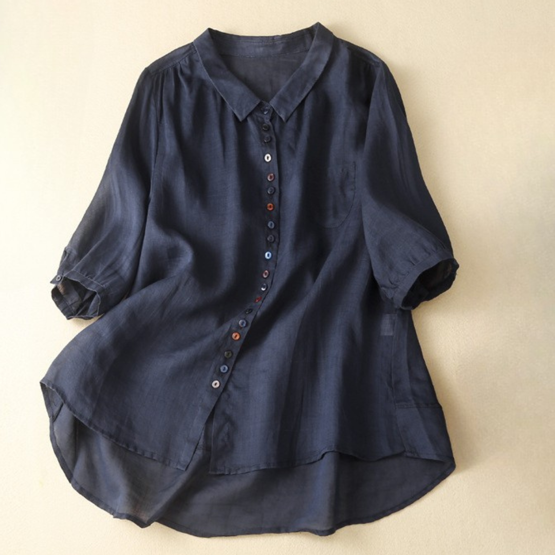 Women's Linen Blouse with Flowery Hem and Relaxed Fit