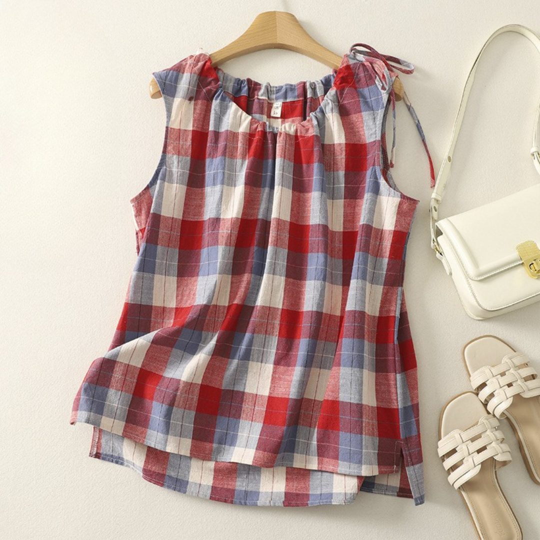 Women's Summer Sleeveless Shirt in Soft Plaid with Flowy Relaxed Fit