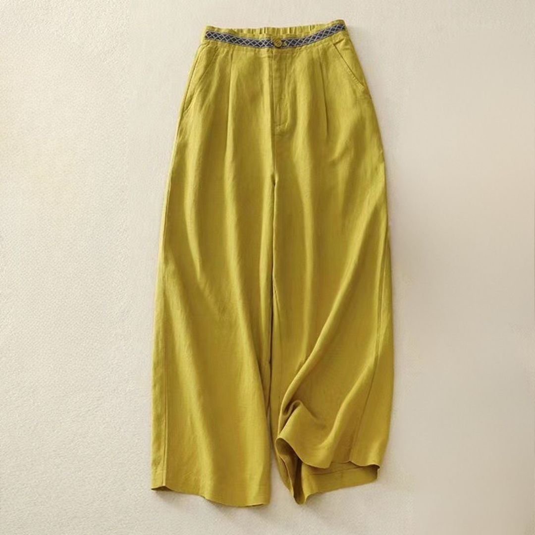 Women Linen Wide-Leg Pants with Relaxed Waistband
