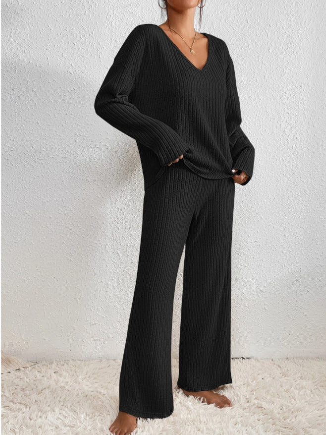 Women's Ribbed V-Neck Sweater and Pants Lounge Set