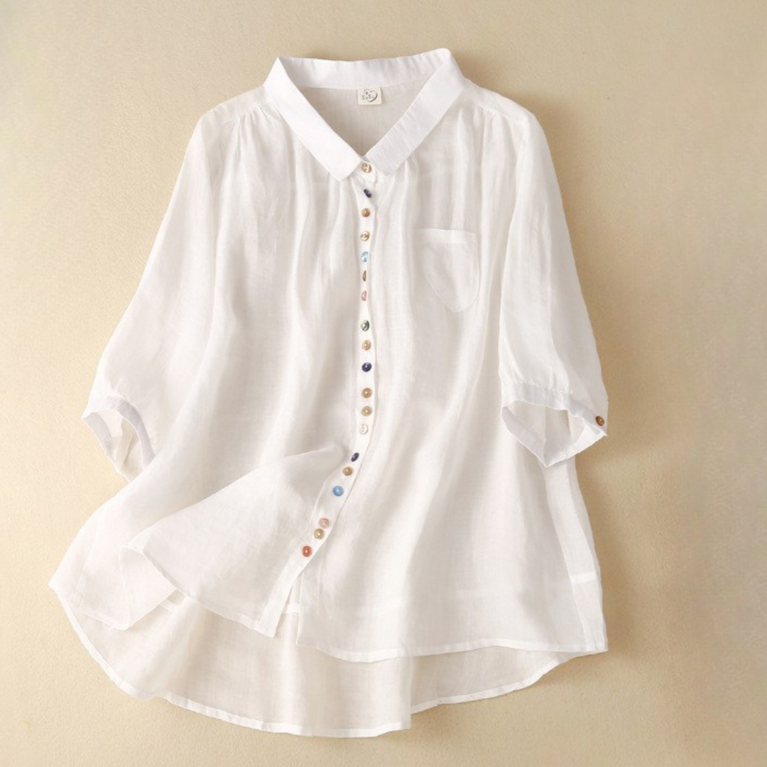 Women's Linen Blouse with Flowery Hem and Relaxed Fit