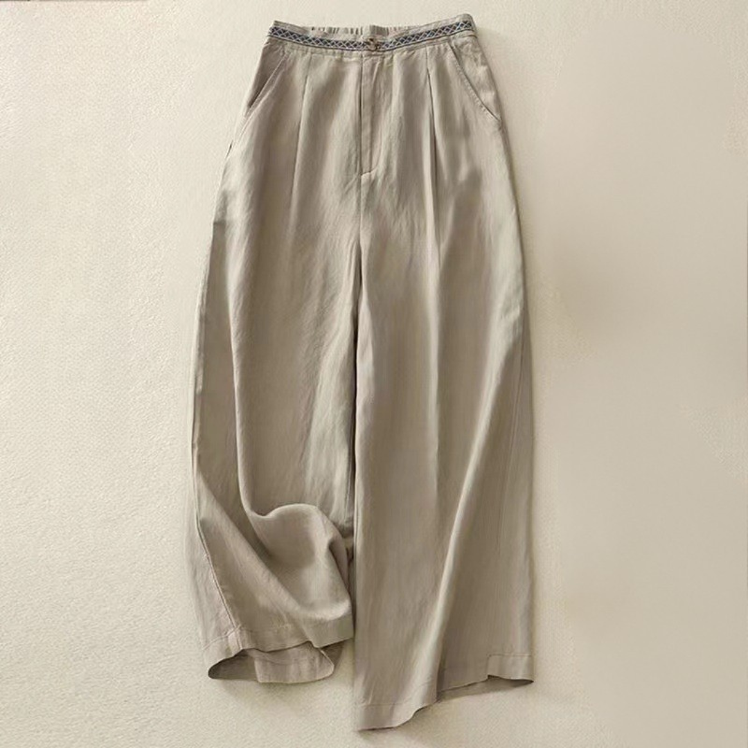 Women Linen Wide-Leg Pants with Relaxed Waistband
