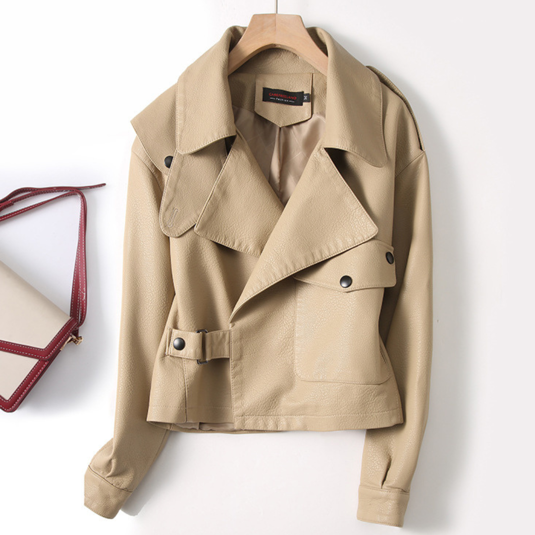 Women's Cropped Leather Jacket with Snap-Pocket and Statement Collar