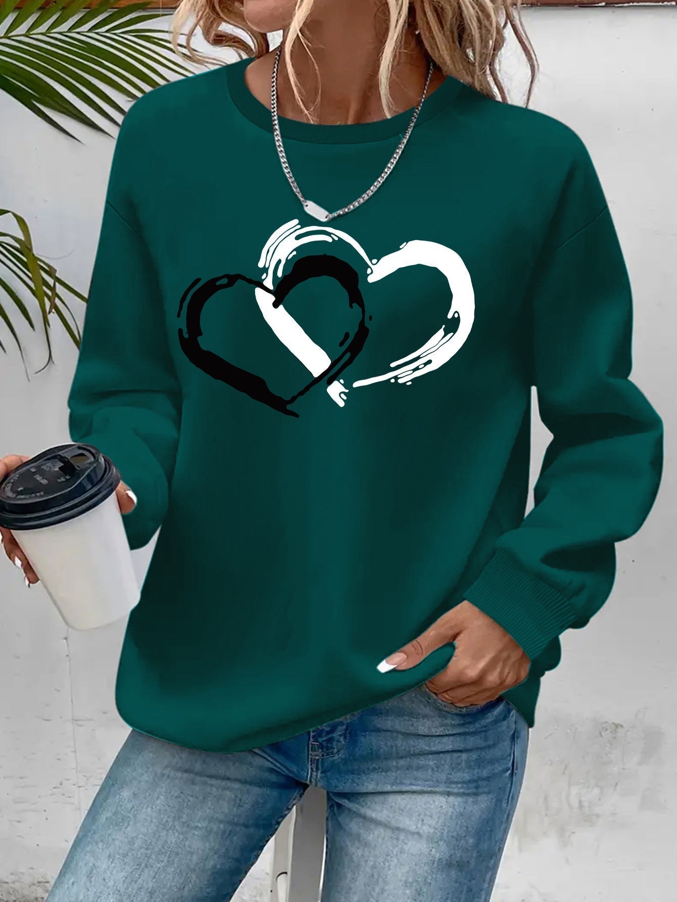 Women Sweater with Heart Motif and Relaxed Fit