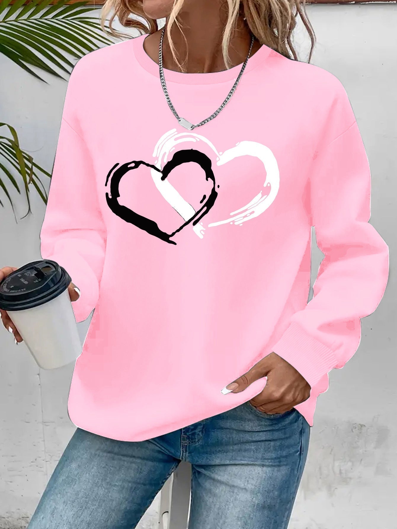 Women Sweater with Heart Motif and Relaxed Fit