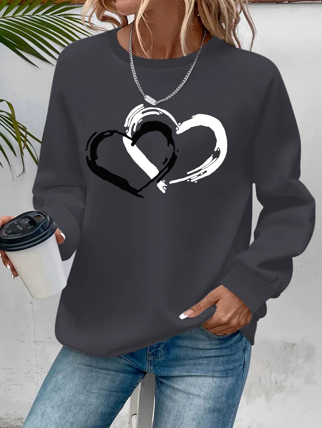 Women Sweater with Heart Motif and Relaxed Fit