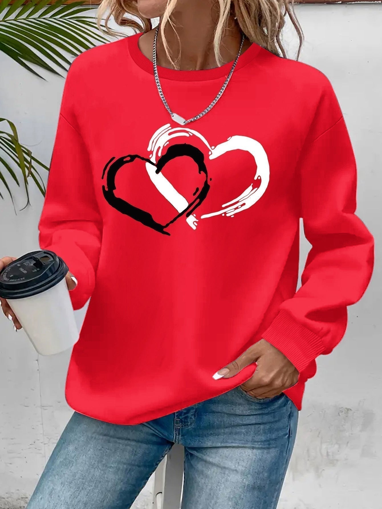 Women Sweater with Heart Motif and Relaxed Fit