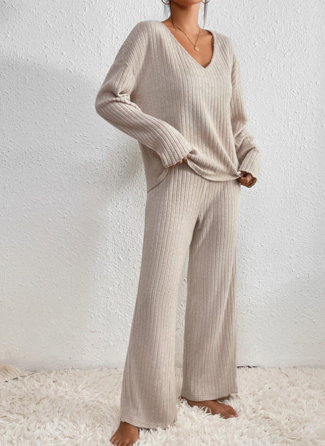 Women's Ribbed V-Neck Sweater and Pants Lounge Set