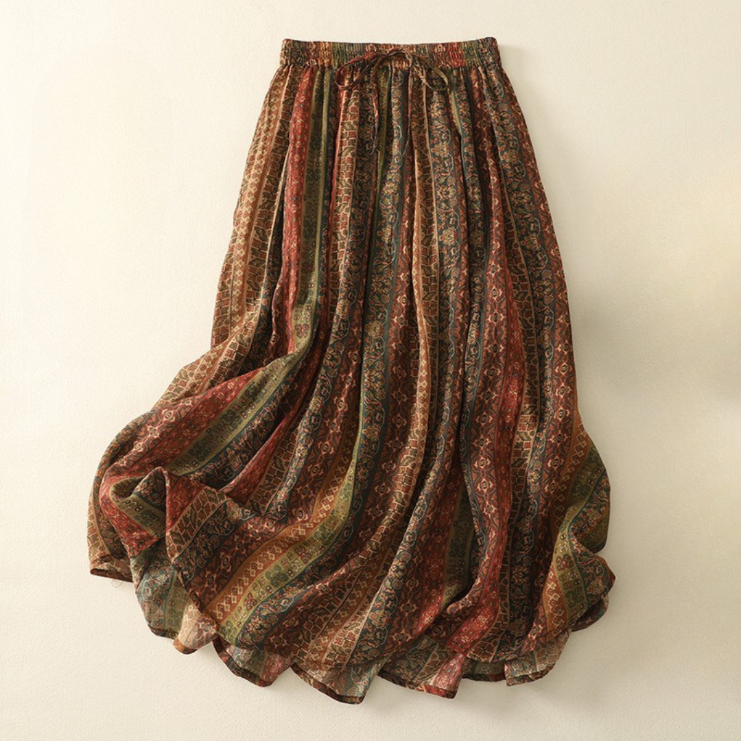 Women's Linen Skirt with Elastic Waistband and Earthy Print
