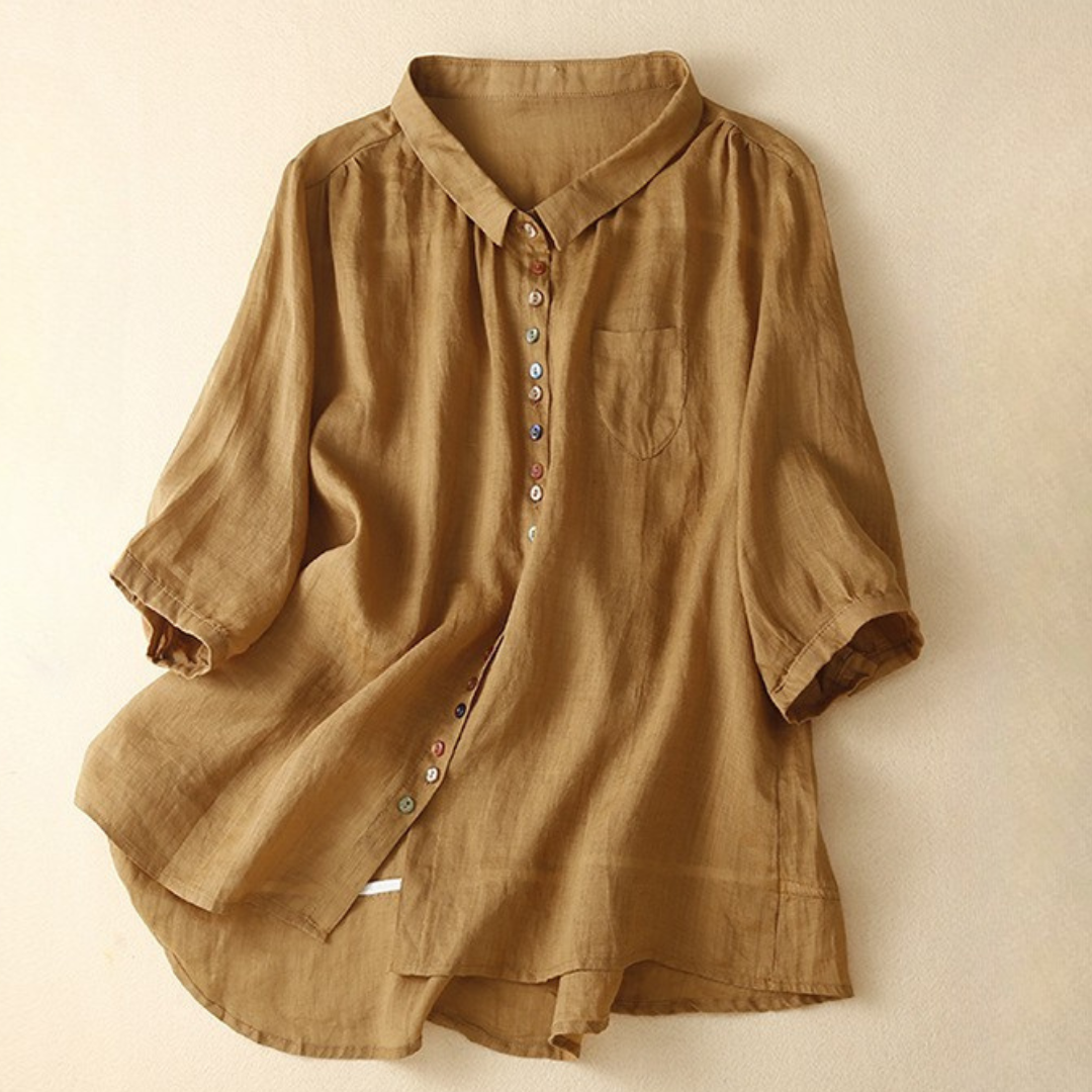Women's Linen Blouse with Flowery Hem and Relaxed Fit