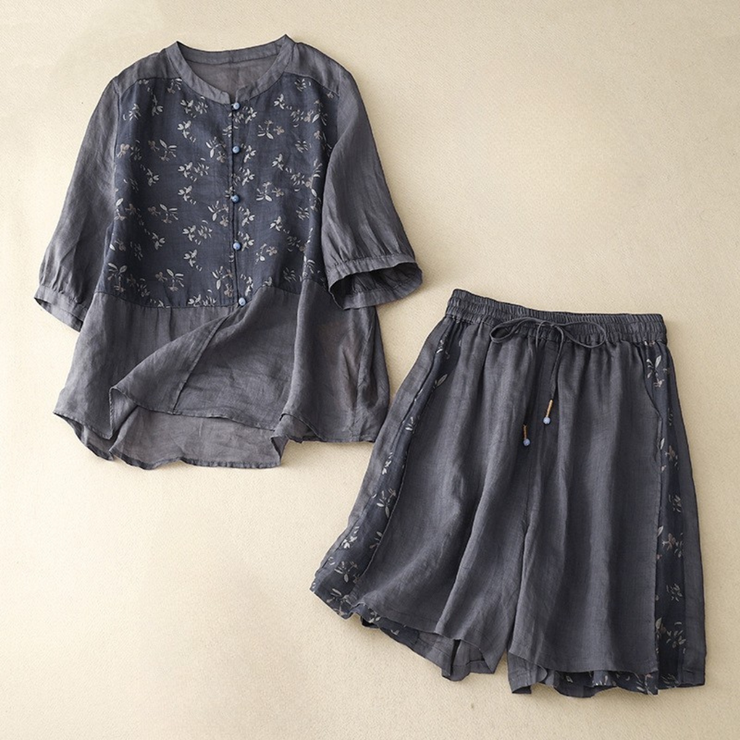 Women's Linen Embroidered Blouse and Wide-Leg Shorts Set