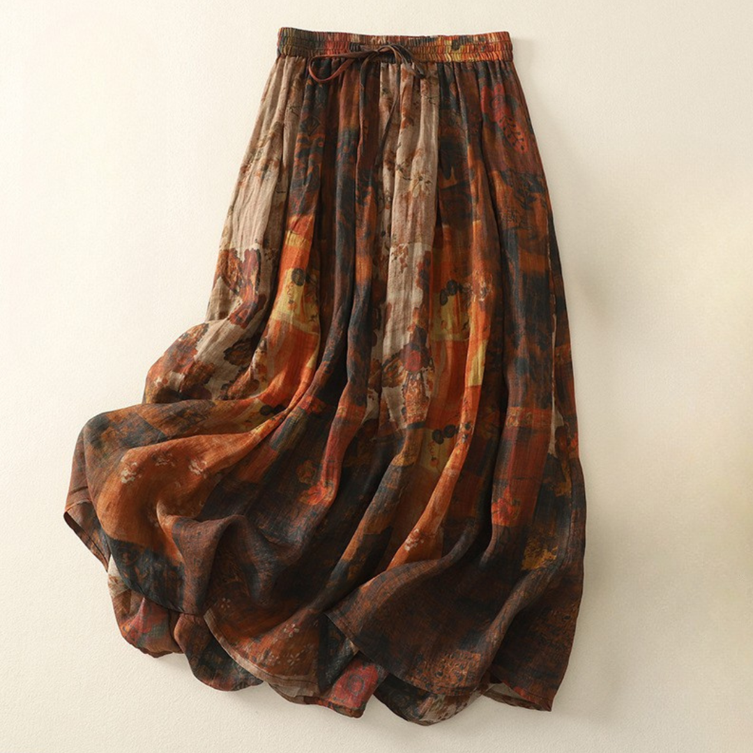 Women's Linen Skirt with Elastic Waistband and Earthy Print