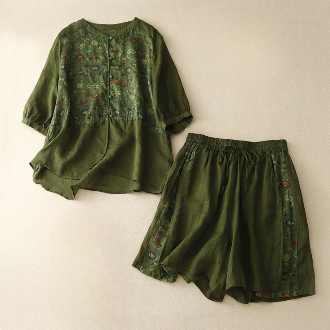 Women's Linen Embroidered Blouse and Wide-Leg Shorts Set