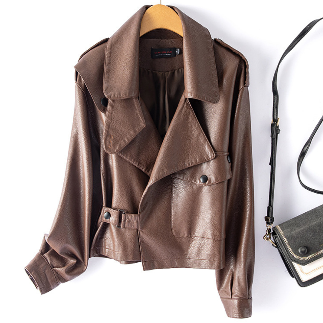 Women's Cropped Leather Jacket with Snap-Pocket and Statement Collar