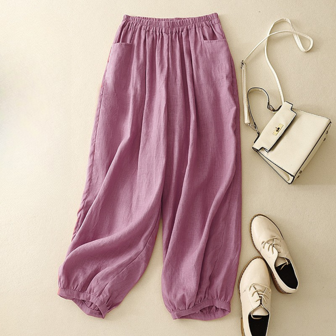 Women's Wide-Leg Linen Pants with Elastic Cuffs