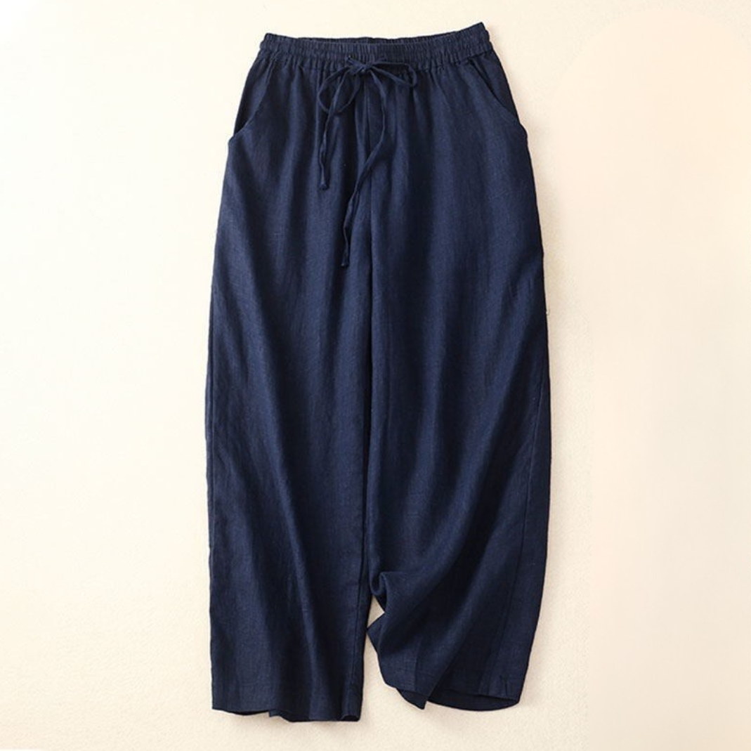 Women Linen Pants with Elastic Waist and Wide Leg