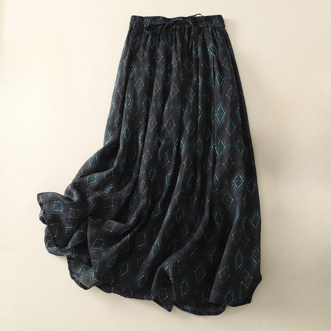 Women's Linen Skirt with Elastic Waistband and Earthy Print