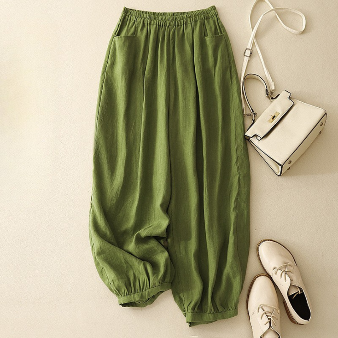 Women's Wide-Leg Linen Pants with Elastic Cuffs