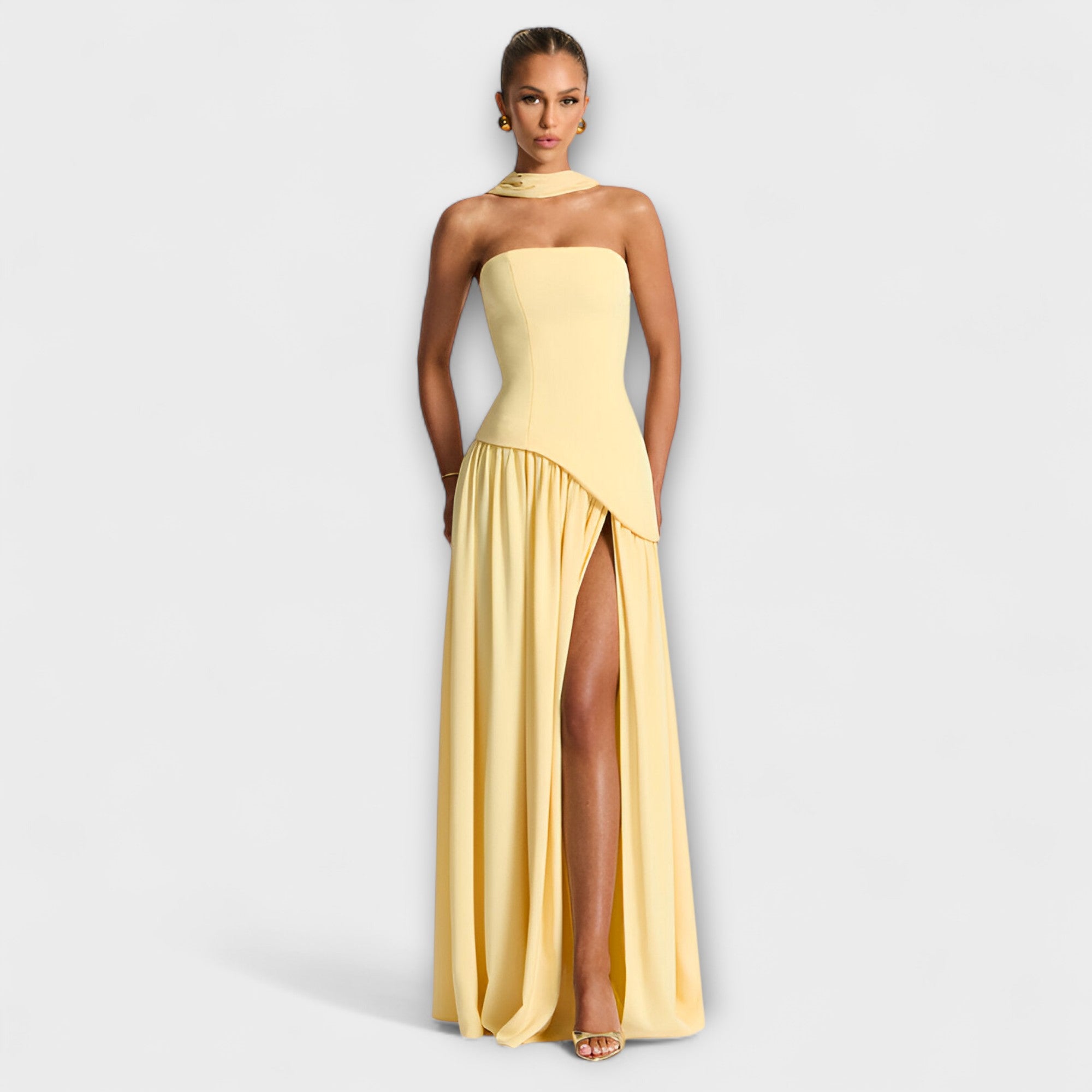 Women's Summer Strapless Maxi Dress with Black Top White Skirt Asymmetrical Waist & Front Slit