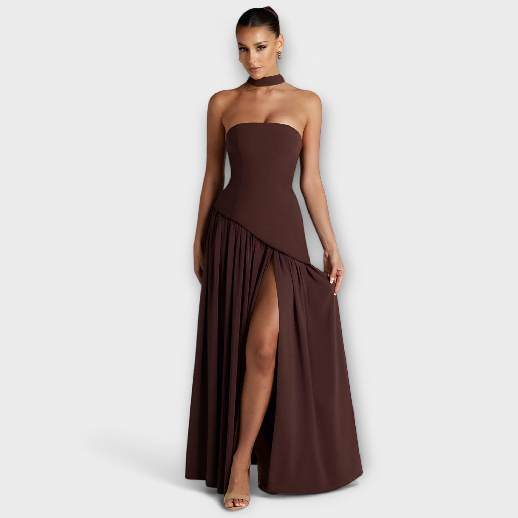 Women's Summer Strapless Maxi Dress with Black Top White Skirt Asymmetrical Waist & Front Slit