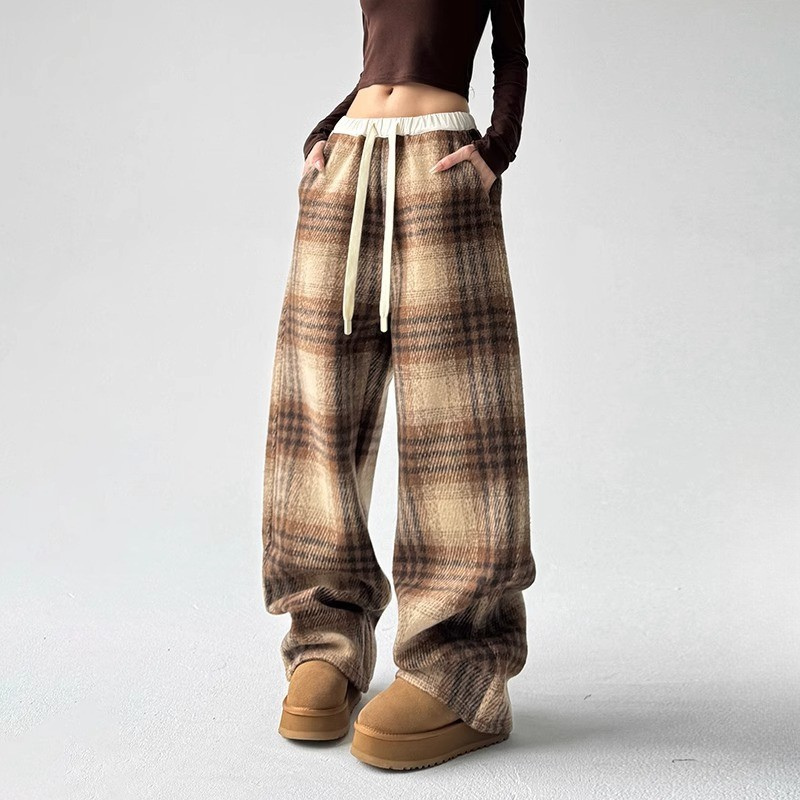 Women's Plaid Flannel Sweatpants with Adjustable Drawstring and Oversized Fit