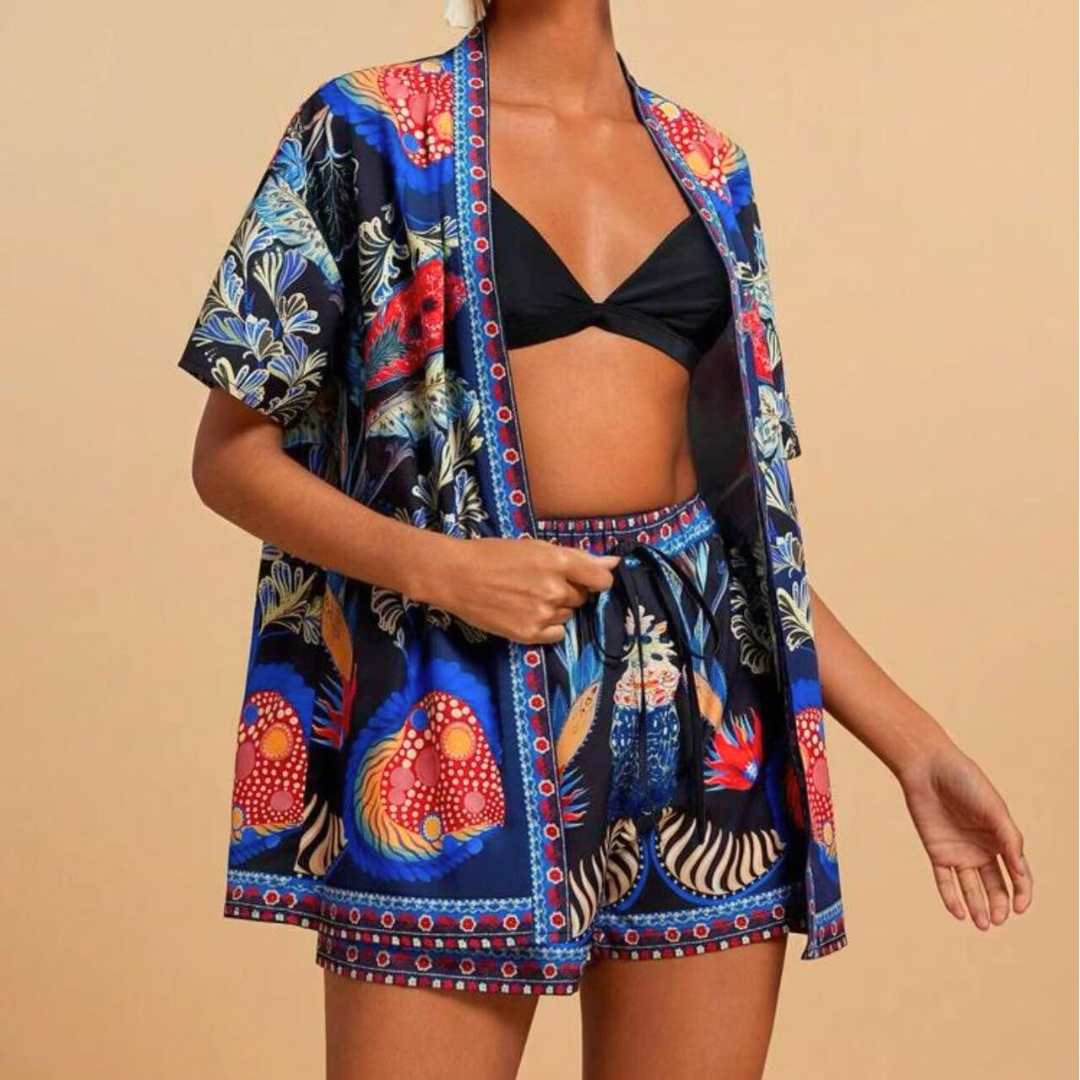 Women's Summer Two-Piece Set with Open-Front Shirt and Drawstring Shorts