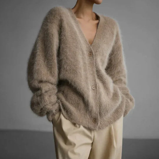 Women's Oversized V-Neck Button Cardigan with Long Sleeves