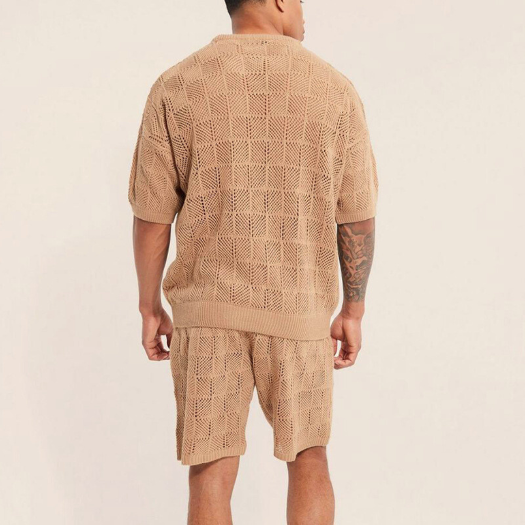 Men's Summer Short Sleeve Shirt and Shorts Set in Checkered Knit
