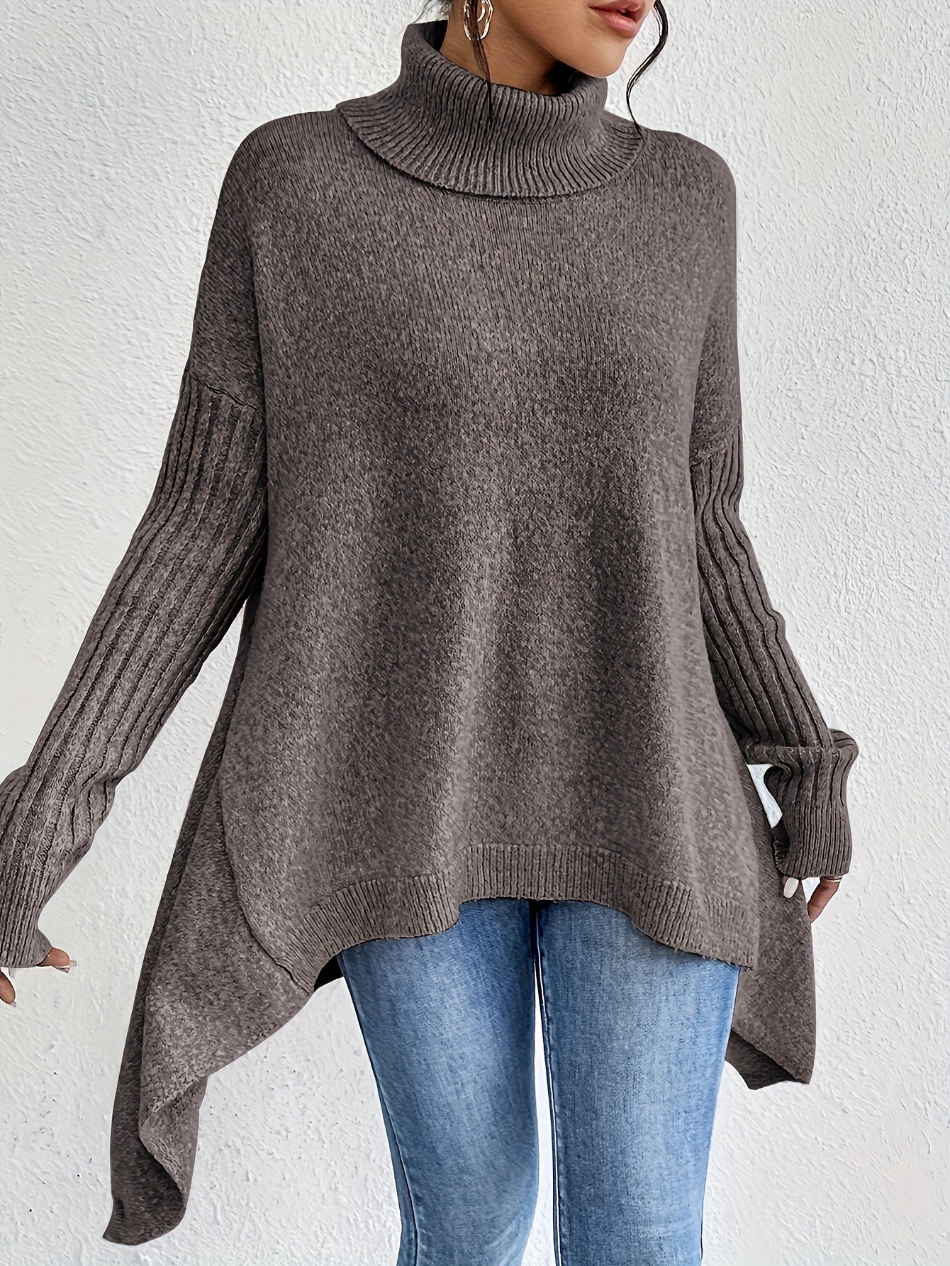 Women High Neck Sweater Asymmetrical Hem Long Sleeve