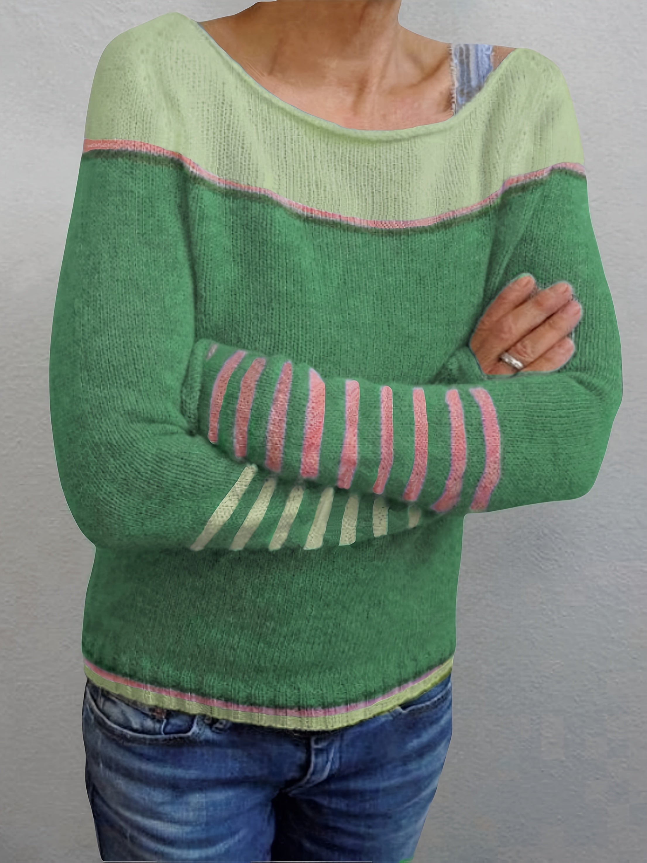 Women Striped Long-Sleeve Relaxed-Fit Sweater
