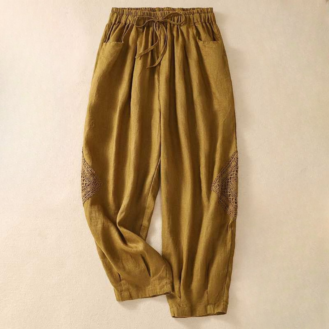 Women's Linen Pants with Knitted Accents and Flowy Fit