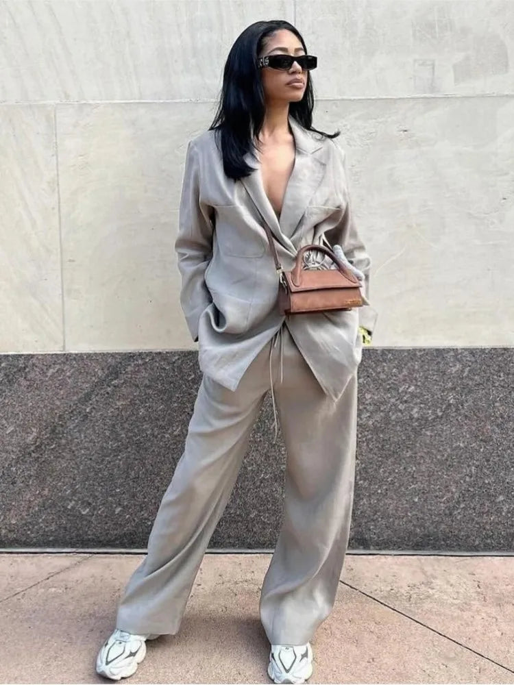 Women's Oversized Blazer and Wide-Leg Pants Set with Adjustable Waist