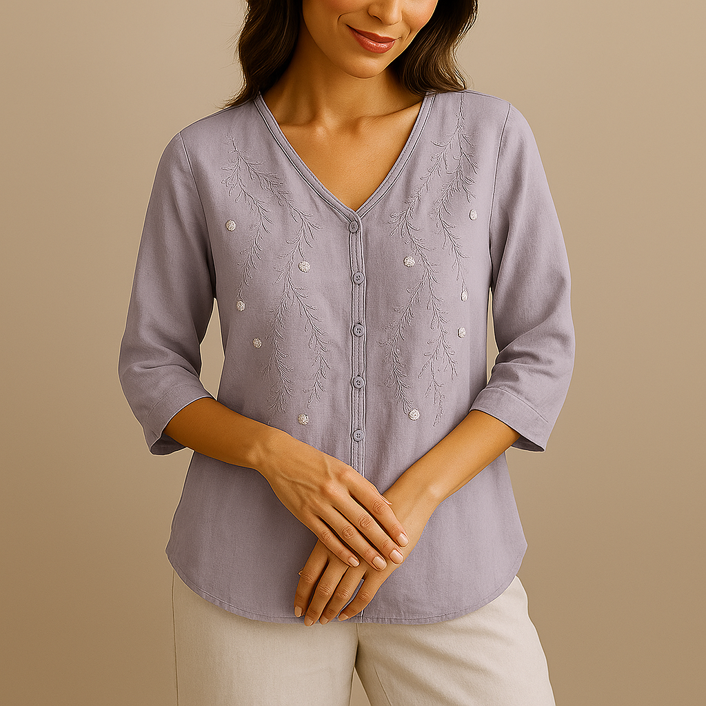 Women's Linen Blouse with Flowy Fit and Embroidered Floral Accents