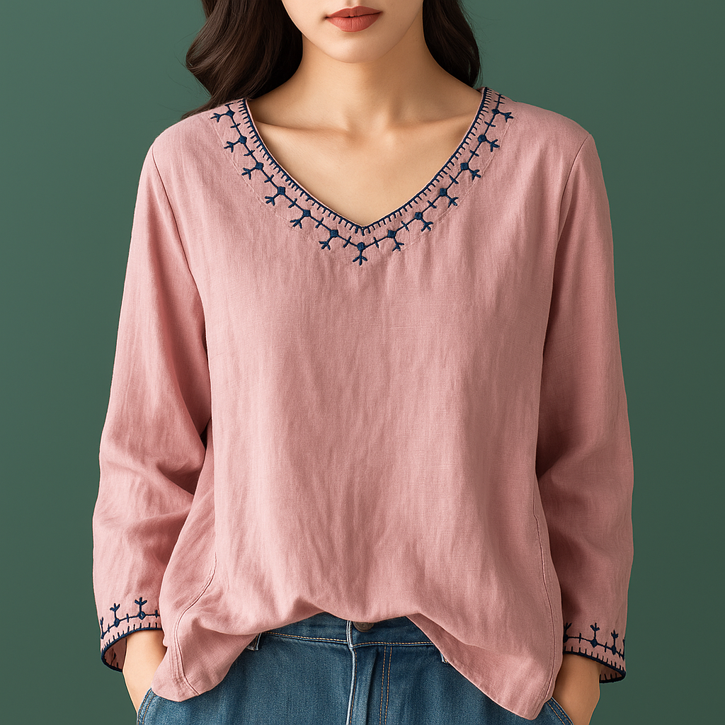 Women's Summer Linen Shirt with Flowy Fit and Stitched Trim