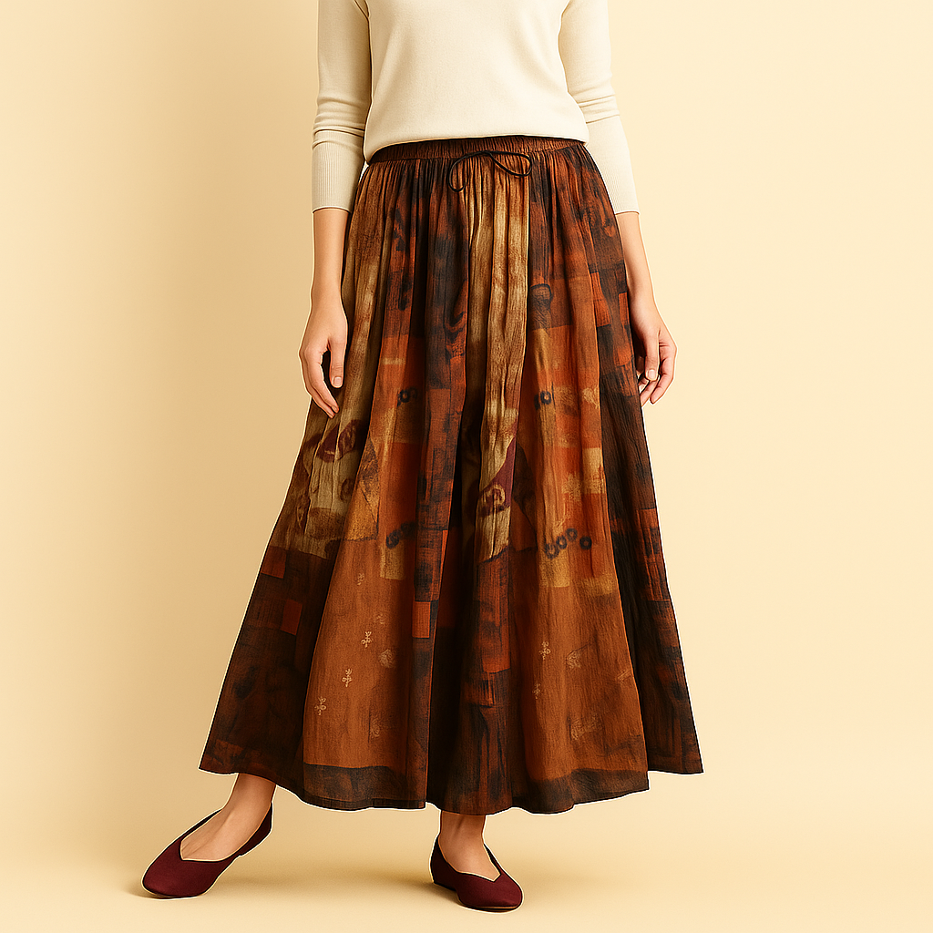 Women's Linen Skirt with Elastic Waistband and Earthy Print