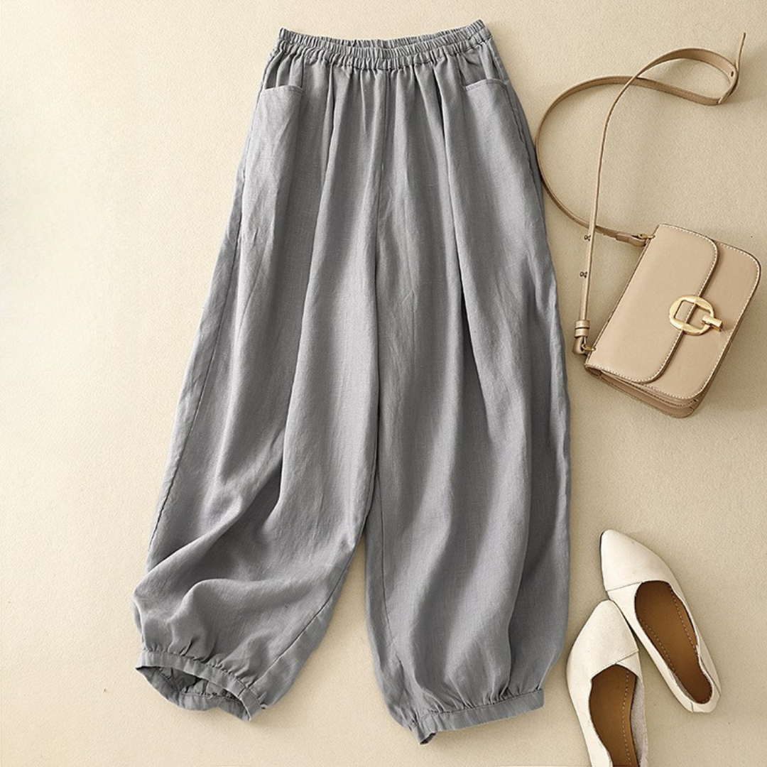 Women's Wide-Leg Linen Pants with Elastic Cuffs