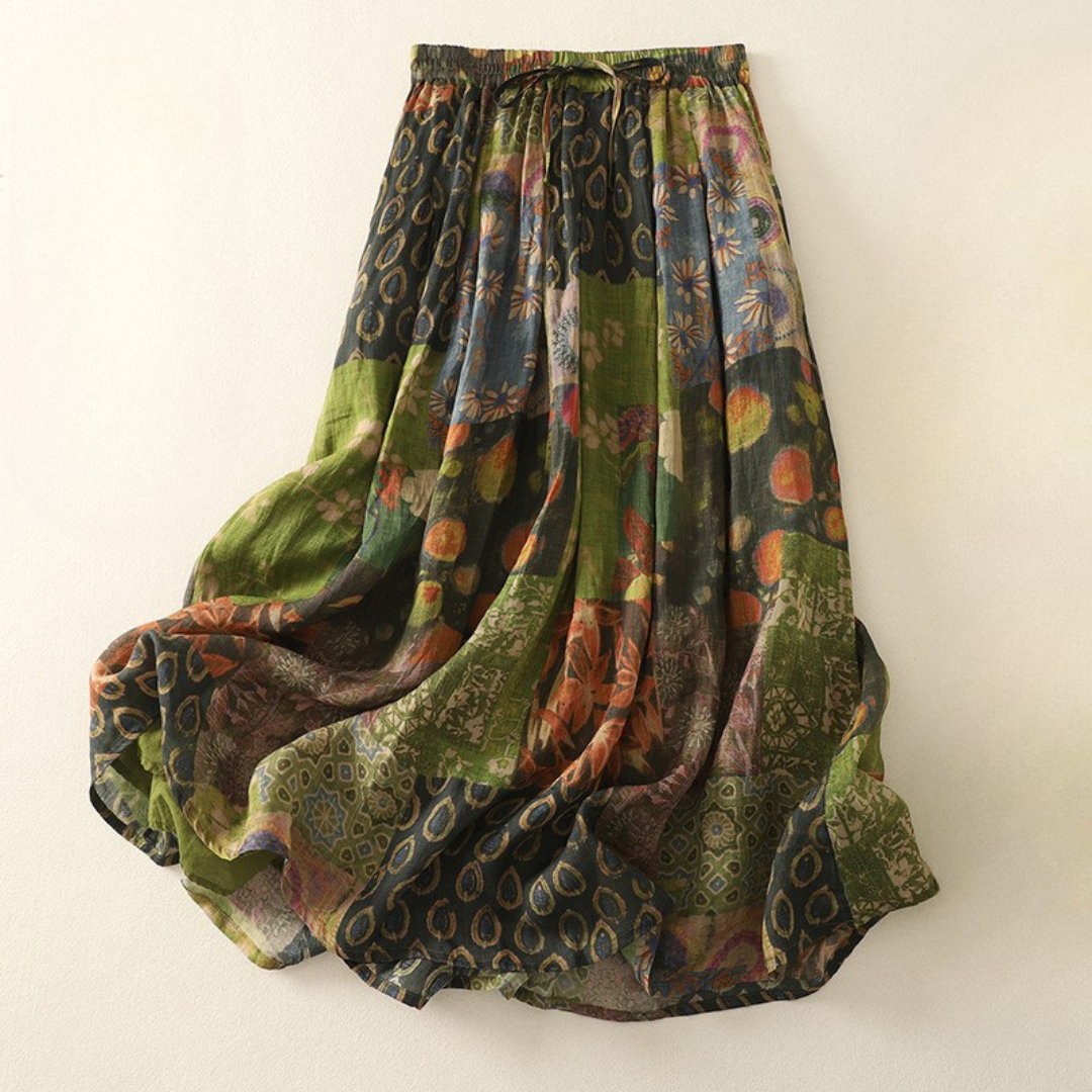 Women's Linen Skirt with Elastic Waistband and Earthy Print