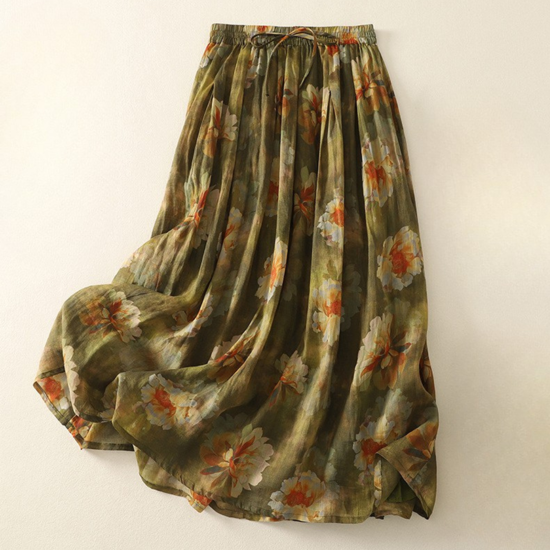 Women's Linen Skirt with Elastic Waistband and Earthy Print
